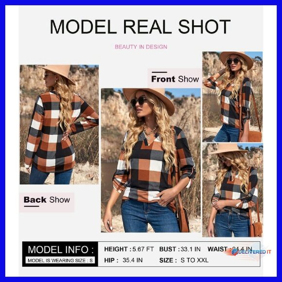 V-Neck Plaid Button-Down Blouse Long Sleeve Casual Work Top - Picture 5 of 8